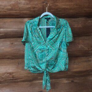 Eclair NWT Green Satin Paisley Front Tie Crop Western Silky Cowgirl Top Size Med